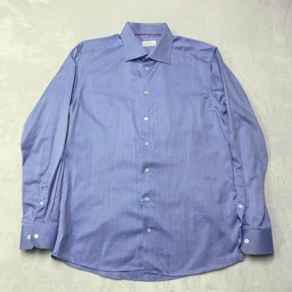 Eton Dress Shirt Men 17.5 / 44 Slim Fit Button Up Blue Herringbone Long Sleeve - Picture 2 of 6